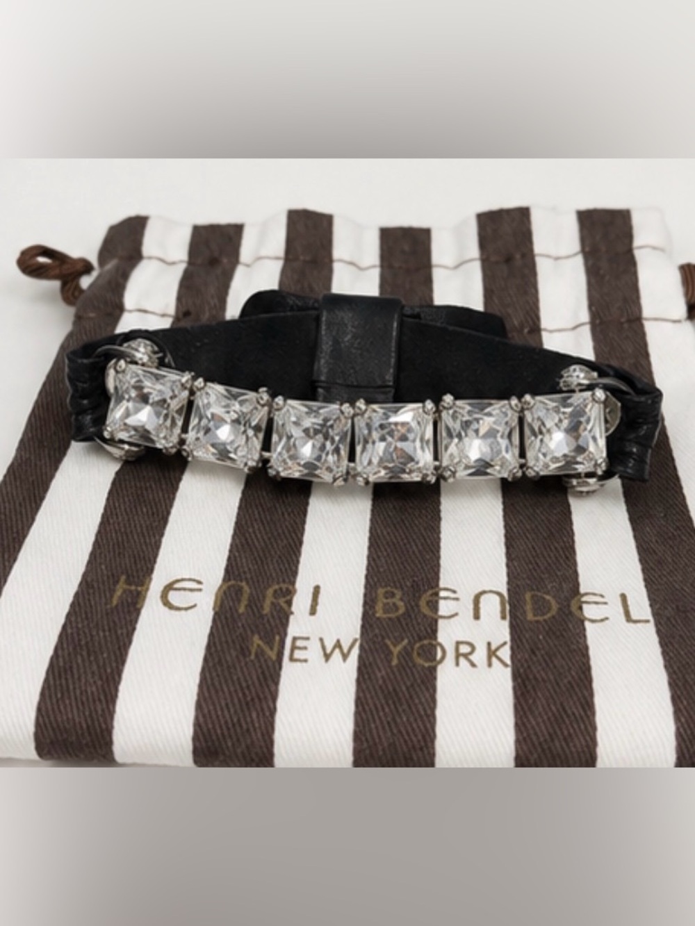 Henri Bendel Crystal Bow Stretch Bracelet | Black Leather | Statement